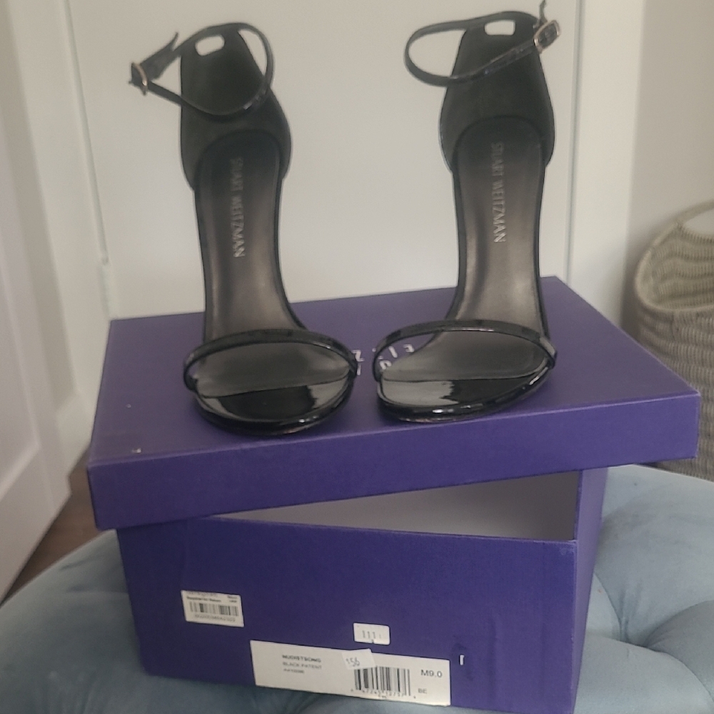Stuart Weitzman Glossy Black Ankle Strap Heels